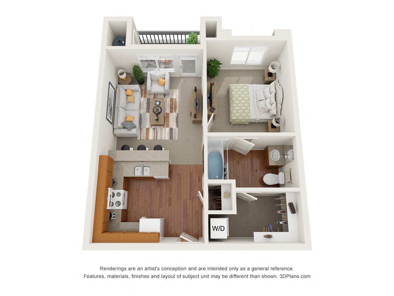 Floor plan for 1 bed, 1 bath, 718 sqft